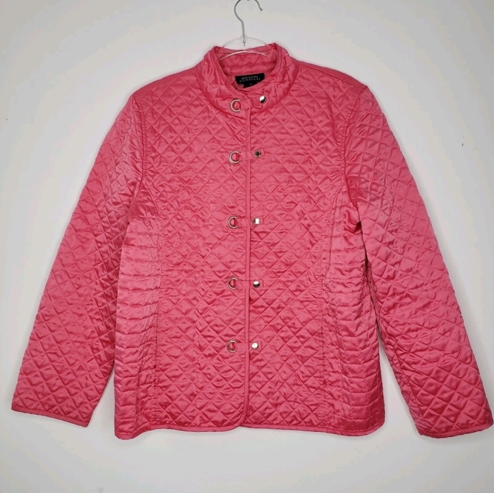 Jones New York Quilted Jacket Size Large Pink Snap Zip Closures Pockets Classic